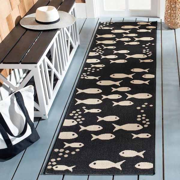 Courtyard Black/Beige 2 ft. x 10 ft. Novelty Fish Indoor/Outdoor Patio  Runner Rug