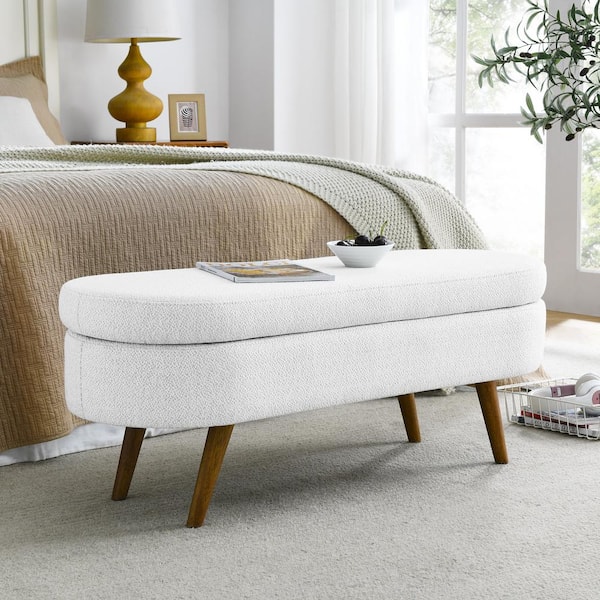 Carla White Modern Linen Upholstered Oval Storage Ottoman Bench Rubberwood Legs