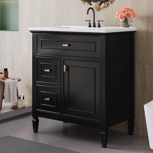 30 in. Single Sink Freestanding Black Bath Vanity with White Ceramic Top and Adjustable Shelf Vanity Cabinet Unassembled