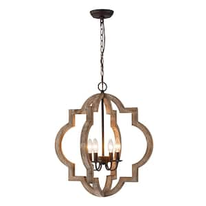 4-Light Rustic Iron Modern Farmhouse Cage Candlestick Chandelier Aged Wood Pendant Light with No Bulbs Included