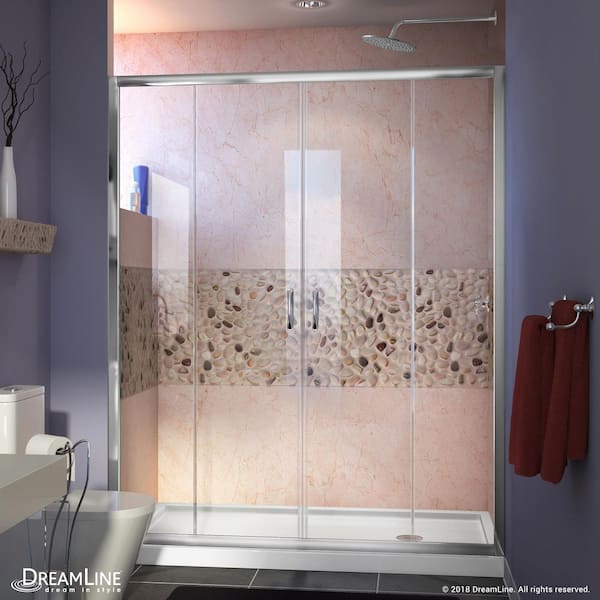DreamLine Visions 60 in. W x 32 in. D x 74-3/4 in. H Semi-Frameless Shower Door in Chrome with White Base Right Drain