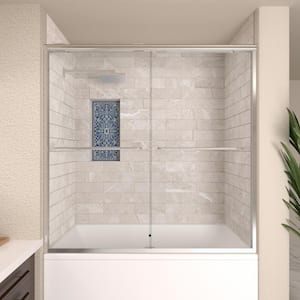 60 in. W. x 56 in. H Sliding Semi Frameless Tub Door in Chrome Finish with Clear Glass