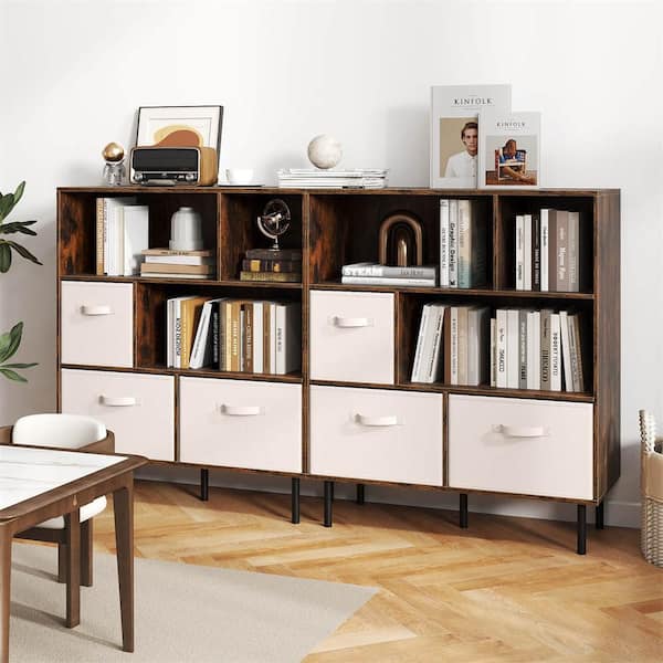 41.5 in. Tall Rustic Brown Engineered Wood 3-Shelf Accent Bookcase with 3-Removable Folding Fabric Drawers Metal Legs