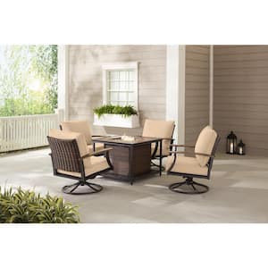 Fiddler's Creek 5-Piece Brown Metal Outdoor Patio Fire Pit Seating Set with Sunbrella Beige Tan Cushions