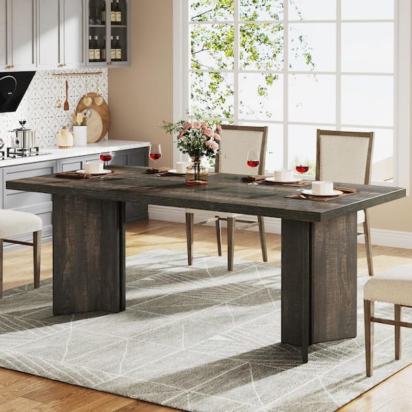 BYBLIGHT Farmhouse Dark Gray Engineered Wood 63 in. Pedestal Dining Table Seats 6