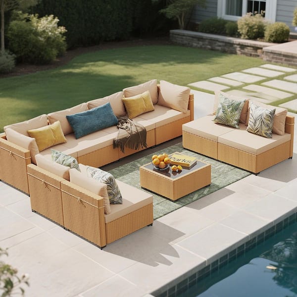 UPHA Yellow 9-Piece Wicker Patio Conversation Sofa Set with Beige Cushions