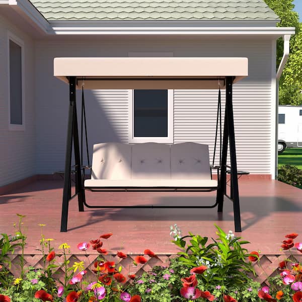 VEIKOUS 3-Person Metal Outdoor Patio Swing Chair with Convertible Canopy, Cushion and Side Tray Included, Beige