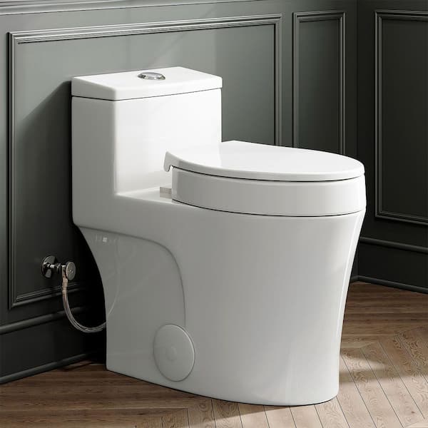 1-Piece 10 in. Rough-In 0.8/1.28 GPF Dual Flush WaterSense Elongated Toilet in White with Lockable Toilet Seat Riser