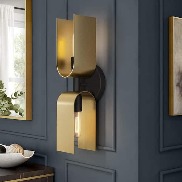 U Turn 5.25 in. 2-Light Matte Black Traditional Wall Sconce with Brushed Gold Accent Shades