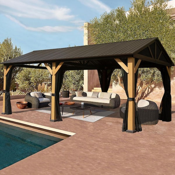 14 ft. x 22 ft. Outdoor Gazebo with Galvanized Steel Sloping Roof, Wood Frame, Curtain&Netting, Brown