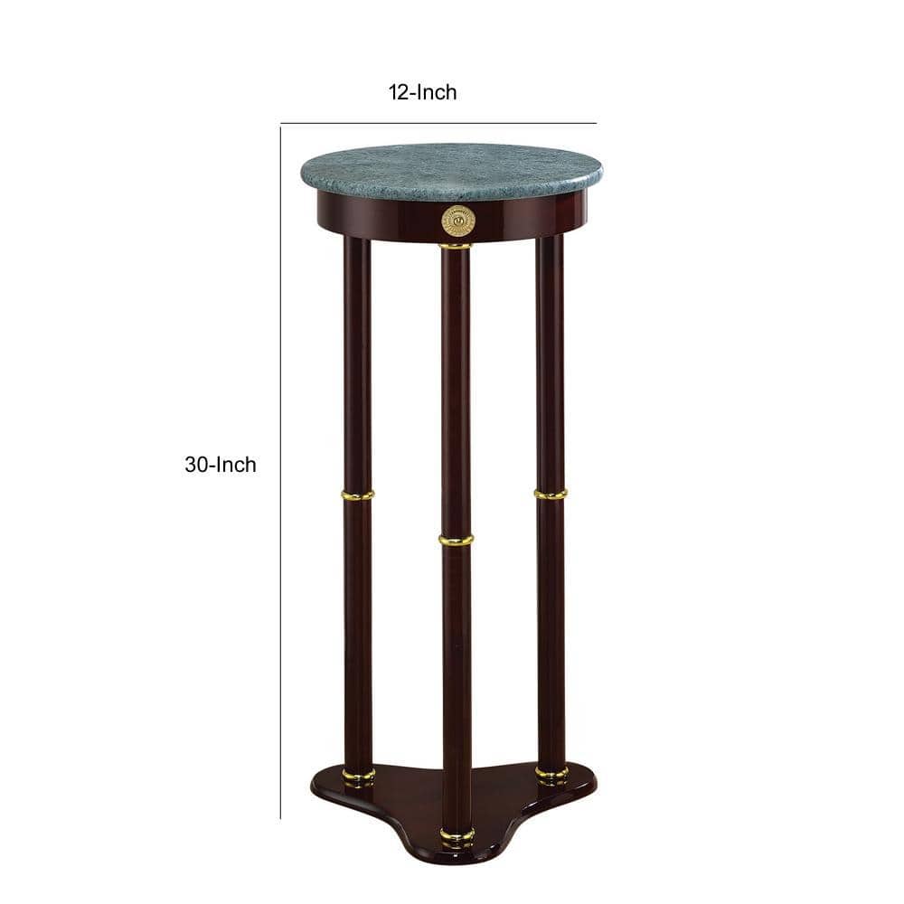 Merlot Finish 12" Round Green Marble Top Traditional Plant Stand