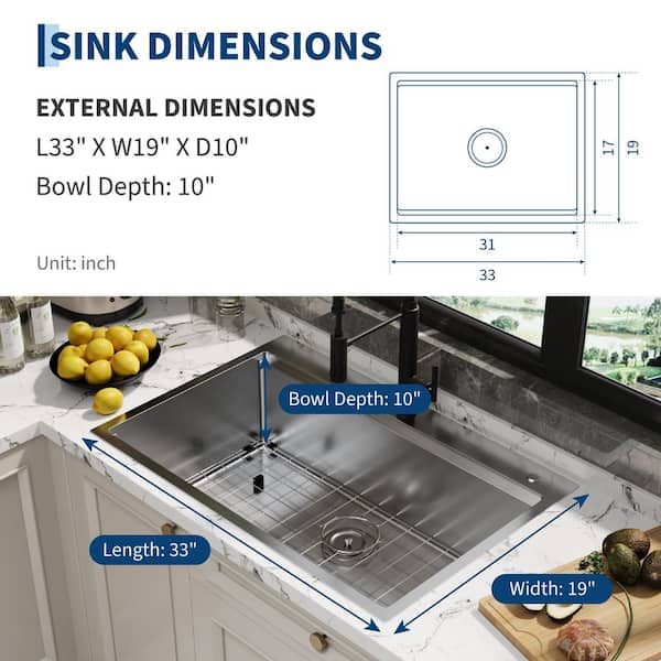 33 in. Undermount Single Bowl 18 Gauge Stainless Steel Kitchen