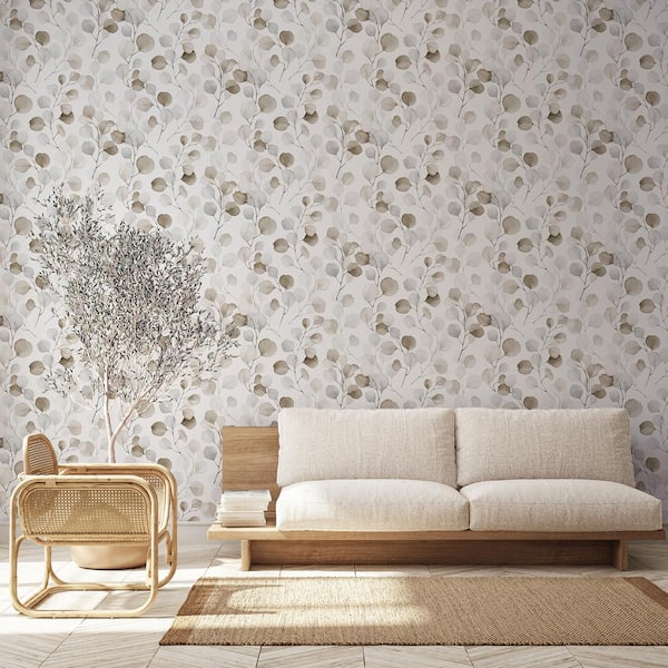 Flora Collection Silver Eucalyptus Leaf Trail Matte Finish Non-pasted Vinyl on Non-woven Wallpaper Roll