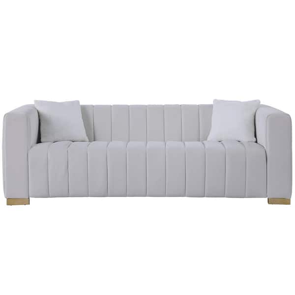 Z-joyee 89.76 in. Square Arm Velvet Mid-Century Modern Straight Sofa in White