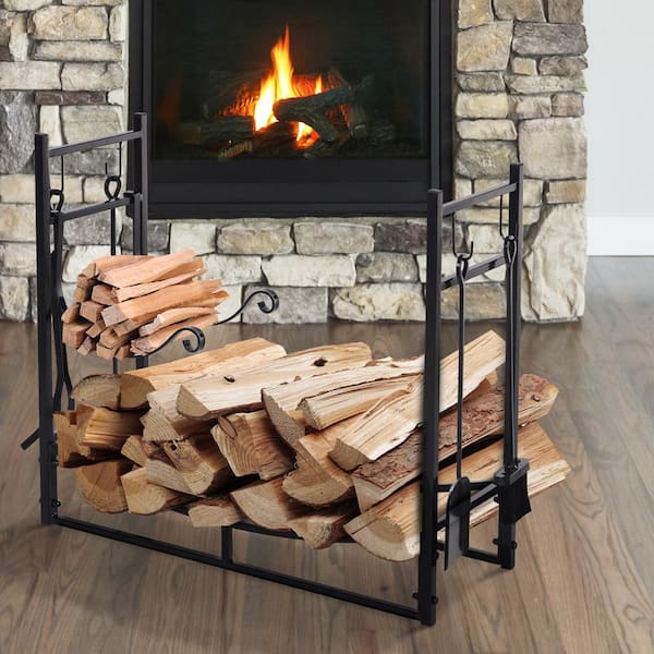 HOMCOM 16 2-Tier Firewood Log Rack with 4 Tools, Fireplace Wood Storage Holder with Shovel, Broom, Poker, Tongs and Hooks