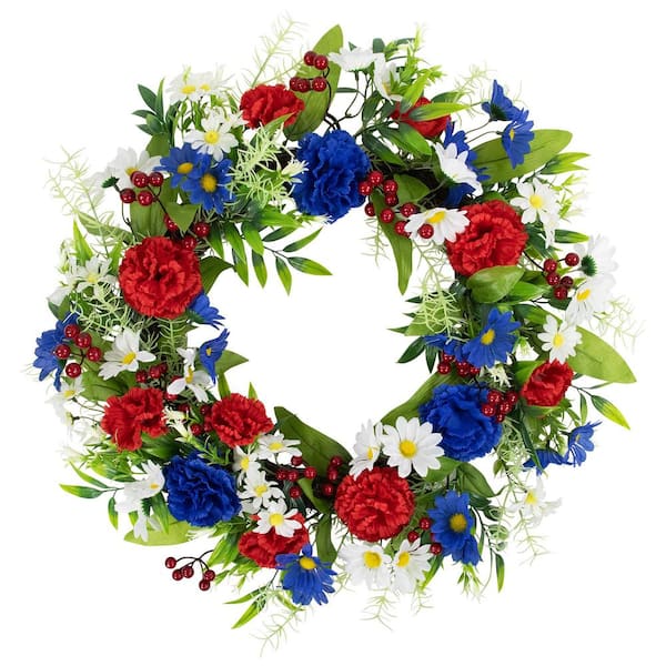 21 in. Mixed Floral Artificial Americana Wreath-Red, White and Blue