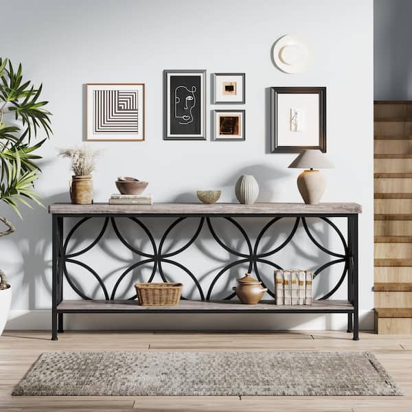 Turrella 70.9 in. Gray Rectangle Engineered Wood Narrow Console Table with Storage Shelf, Long Sofa Table for Entryway