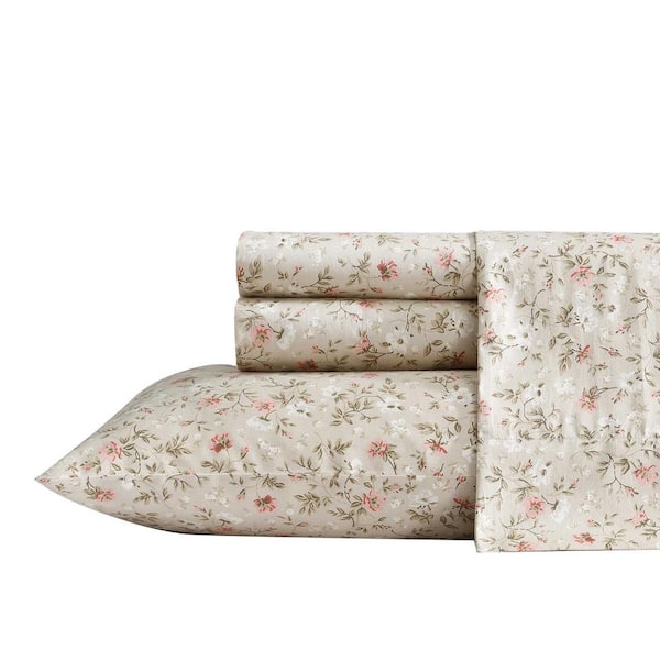 Bonnie 4-Piece Toasted Beige/Pink Sateen Cotton King Sheet Set
