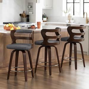 Arabela 26 in. Gray Solid Wood Swivel Bar Stool Faux Leather Kitchen Counter Stool with Walnut Frame Set of 3