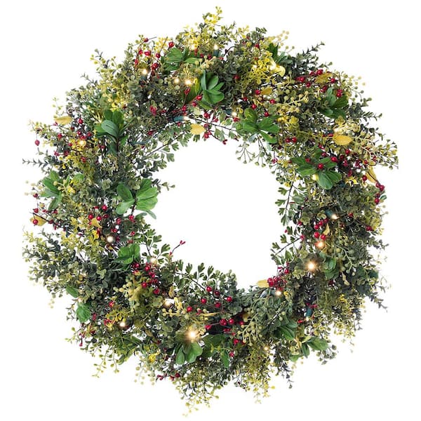 Village Lighting Company 30 in. Artificial Pre-Lit LED Christmas Boxwood and Berry Wreath