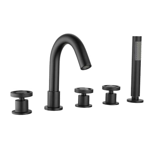 Unbranded 3-Handle 5-Holes Deck Mount Roman Tub Faucet with Hand Shower, Round Bathtub Shower Faucet in. Matte Black