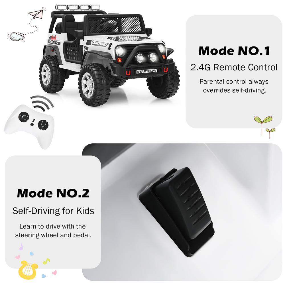 White 12V Kids Ride-On Truck with Remote Control and LED Lights