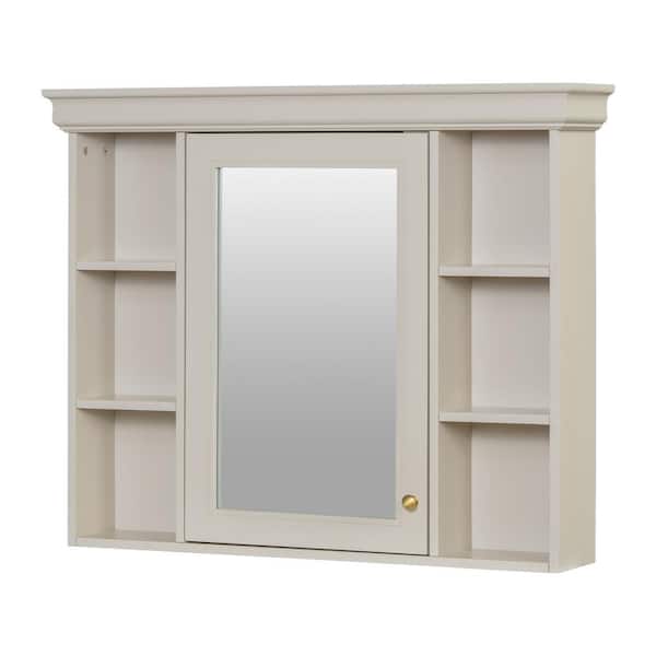 35.5 in. W x 28.7 in. H Rectangular Beige Wood Medicine Cabinet with Mirror and Open Shelves