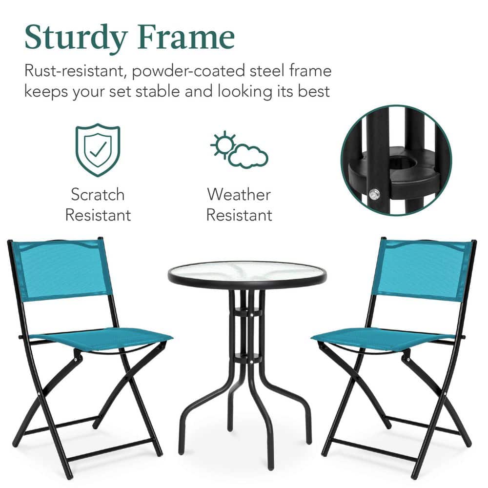 Peacock Blue 3-Piece Patio Bistro Set with Glass Tabletop