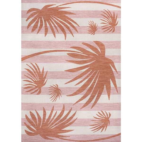 Veronica Classic Beach Stripe and Palm Leaf Pink/Cream 3 ft. x 5 ft. Indoor/Outdoor Area Rug