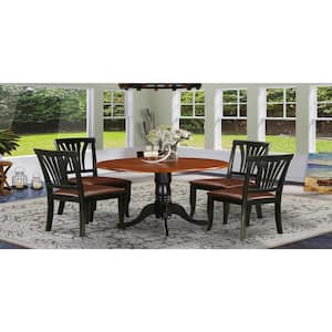 5-Piece Round Black and Cherry Finish Solid Wood Top Dining table with 4 Chairs with Lattice Back