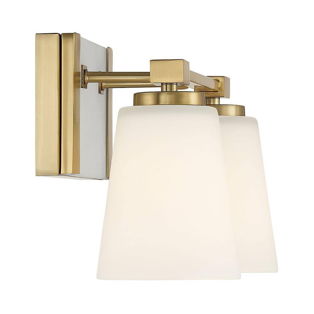 Warm Brass 2-Light Vanity with White Opal Glass Shades