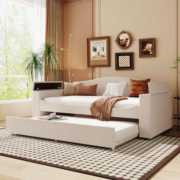 Beige Twin Size Daybed with Storage Armrests, Trundle and Bluetooth Audio System, Teddy Fleece