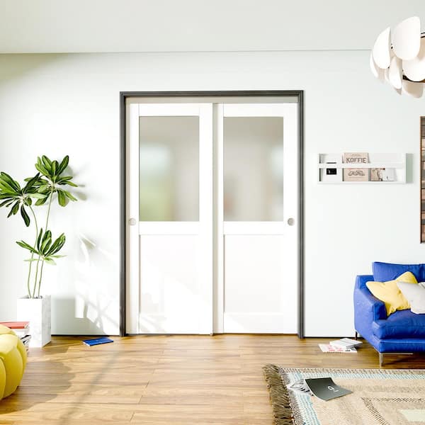 60 in. x 80 in. (Double 30 in. ) Primed, White, Solid Core MDF, 1/2 Lite, Frosted Glass Panel Door with Bypass Hardware