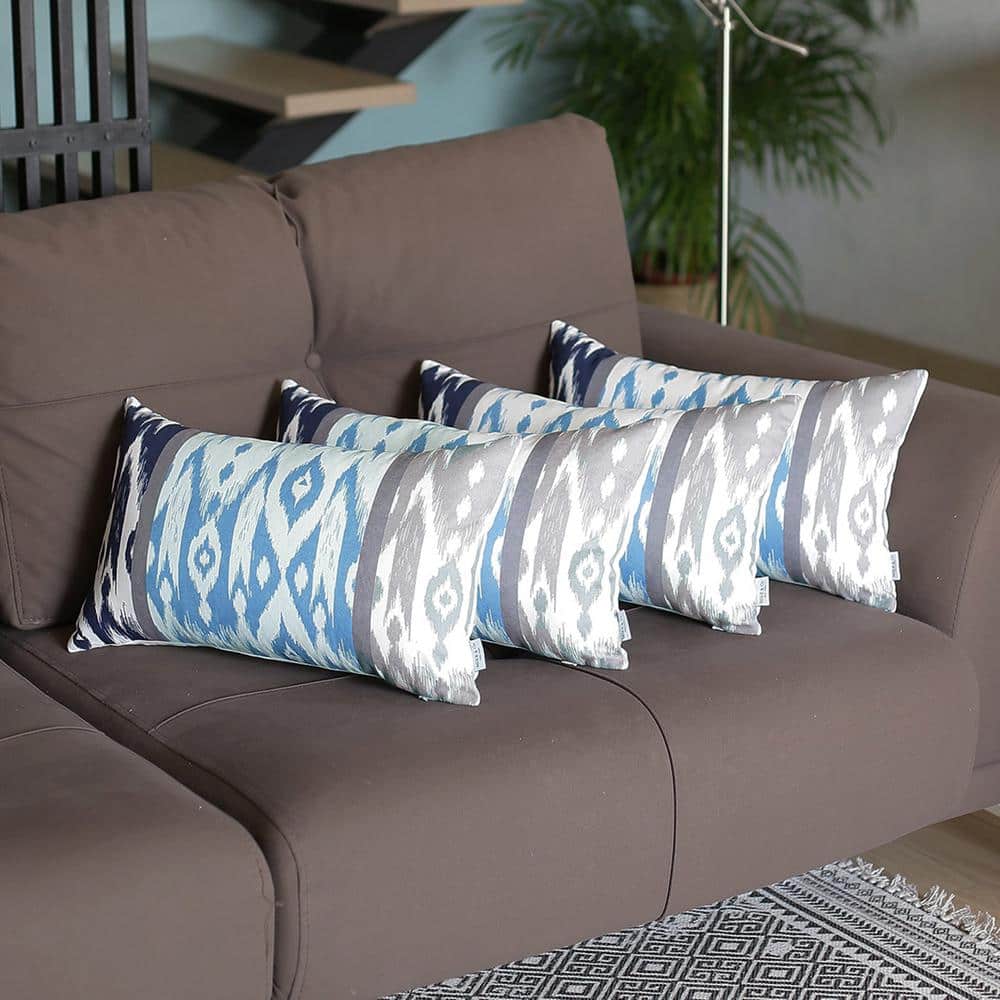 Blue and Gray Ikat Polyester Lumbar Pillow Covers Set of 4