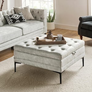 Jeremias Silver Transitional Lift Top Shelved Storage Button-Tufted Cocktail Ottoman with Metal Leg