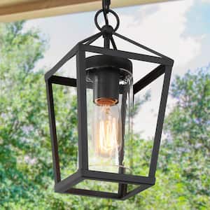 Modern 1-Light Black Outdoor Pendant Light, Outdoor Pendant Light Lantern Haning with Caged Clear Glass Shade