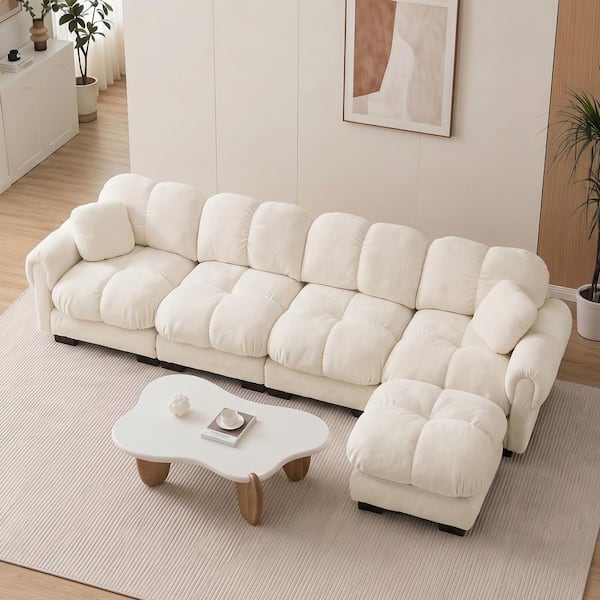 Kirby 131.5 in. Round Arms Chenille L-Shaped Sectional Sofa in Cream Beige with Exquisite Pillows, Movable Ottoman