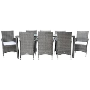 Hailee Gray/Brown 9-Piece Wicker Outdoor Patio Dining Set with White Cushions