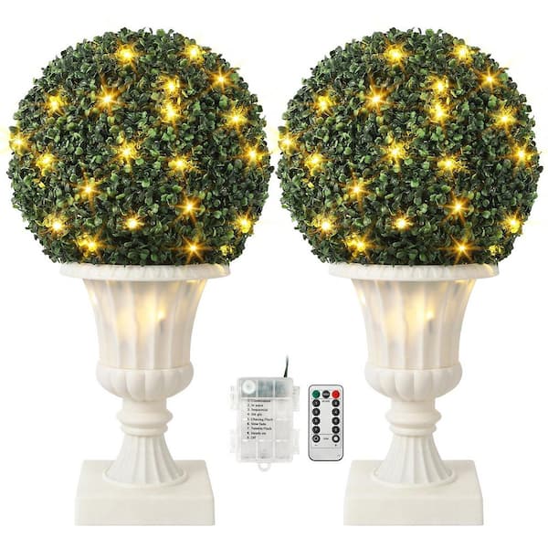 Unbranded 2Pack 2.25 ft. Artificial Boxwood Topiary Tree,16 in. Plant Topiary Ball Lights,Front Door Plants with Light Base,White