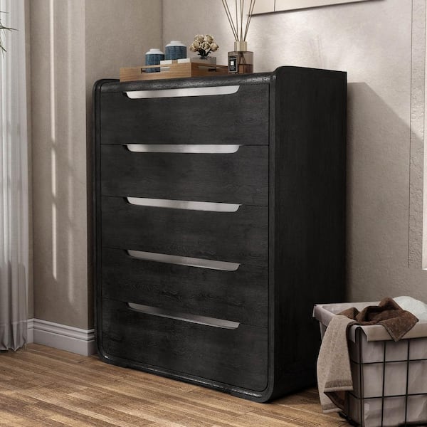 Furniture of America Wilter Black 5-Drawer 40 in. Chest of Drawers with Rounded Edges and Nickel Finish Stainless Steel Trim