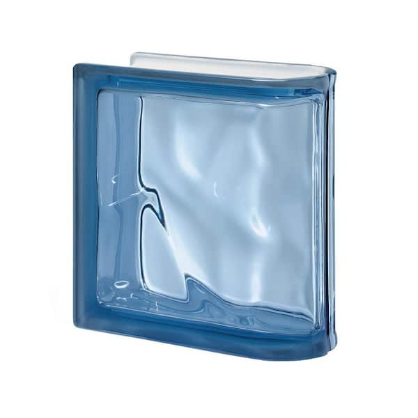 Seves Pegasus Metric Series 7.5 x 7.5 x 3.15 in. Blue Linear End (1-Pack) Blue Wave Pattern Glass Block