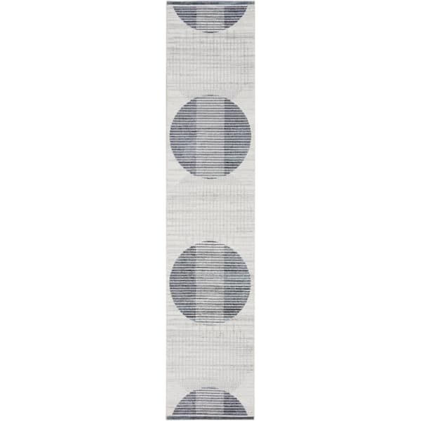 Nourison Astra Machine Washable Ivory Blue 2 ft. x 12 ft. Geometric Kids Contemporary Kitchen Runner Area Rug