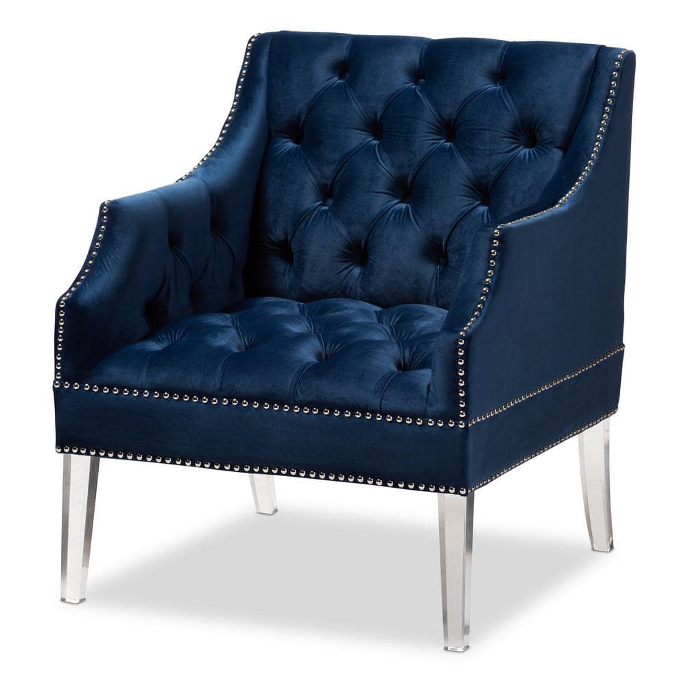 Elegant Navy Blue Velvet Lounge Chair with Clear Acrylic Legs