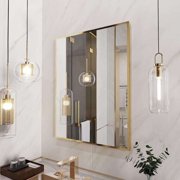 28 in. W x 36 in. H Rectangle Aluminum Framed Wall Bathroom Vanity Mirror in Brushed Gold