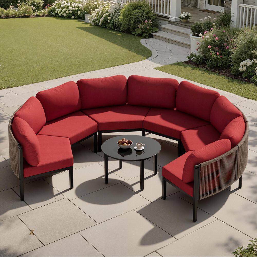 7-Piece Outdoor Aluminum Patio Conversation Set with Chili Cushions and Tempered Glass Side Table