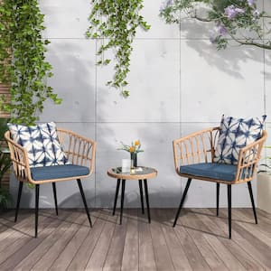 3-Piece Wicker Outdoor Bistro Set Conversation Set with Coffee Table, Patio Chair Set with Boho Blue Cushions