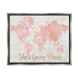 She's Going Places Quote Pink Watercolor World Map by Sue Schlabach Floater Frame Travel Wall Art Print 25 in. x 31 in.