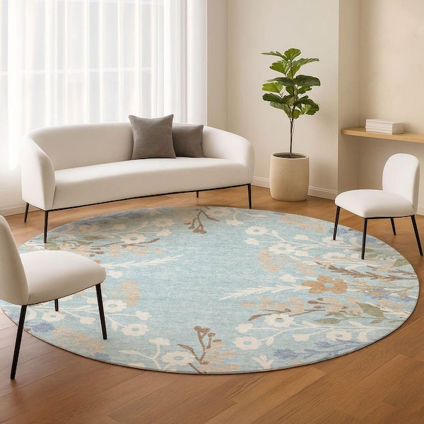 Chantille Machine Washable Indoor/Outdoor Abstract ACN2334 Sky 8 ft. x 8 ft. Round Rug