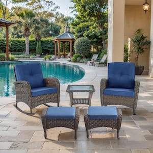 SleekArm 5-Piece Brown Wicker Outdoor Rocking Chair with Olefin Blue Cushion/Ottomans