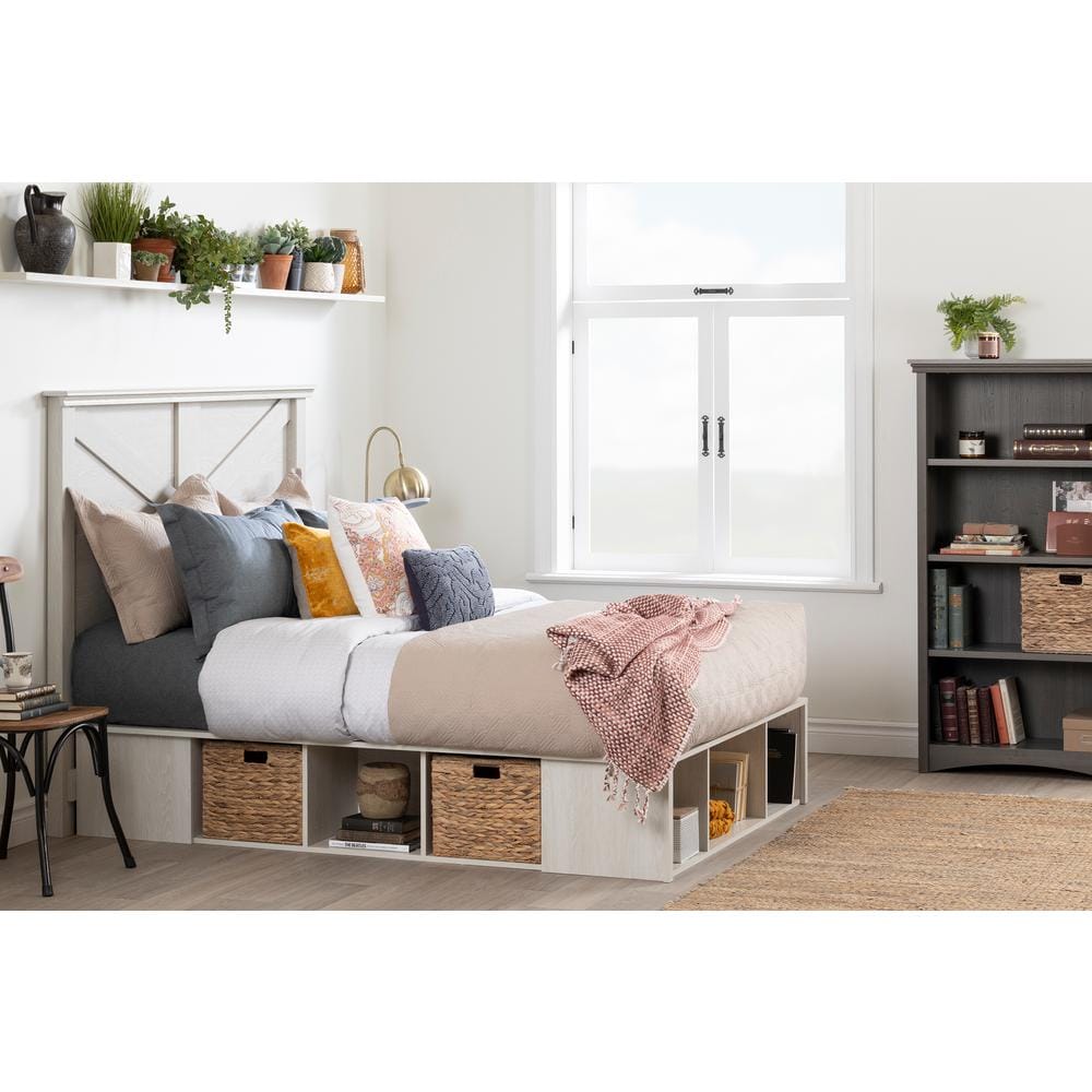 Full Winter Oak Upholstered Storage Bed with Rattan Baskets